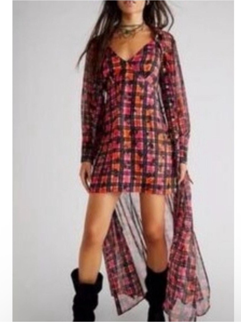 Free People Jerra Shirt Dress Floral Plaid Button-Front Maxi Dress in Pink Black - Picture 3 of 5